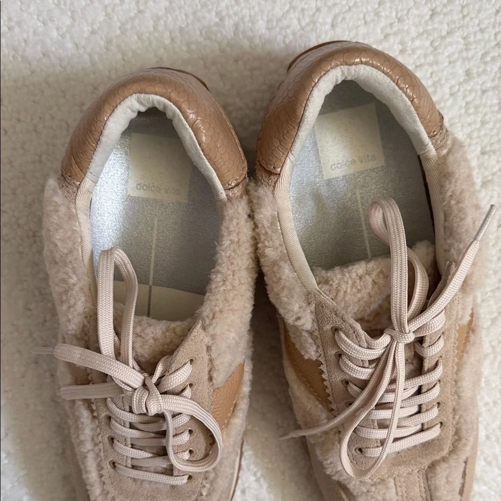Dolce Vita Taupe and Cream Shearling-Trim Sneakers